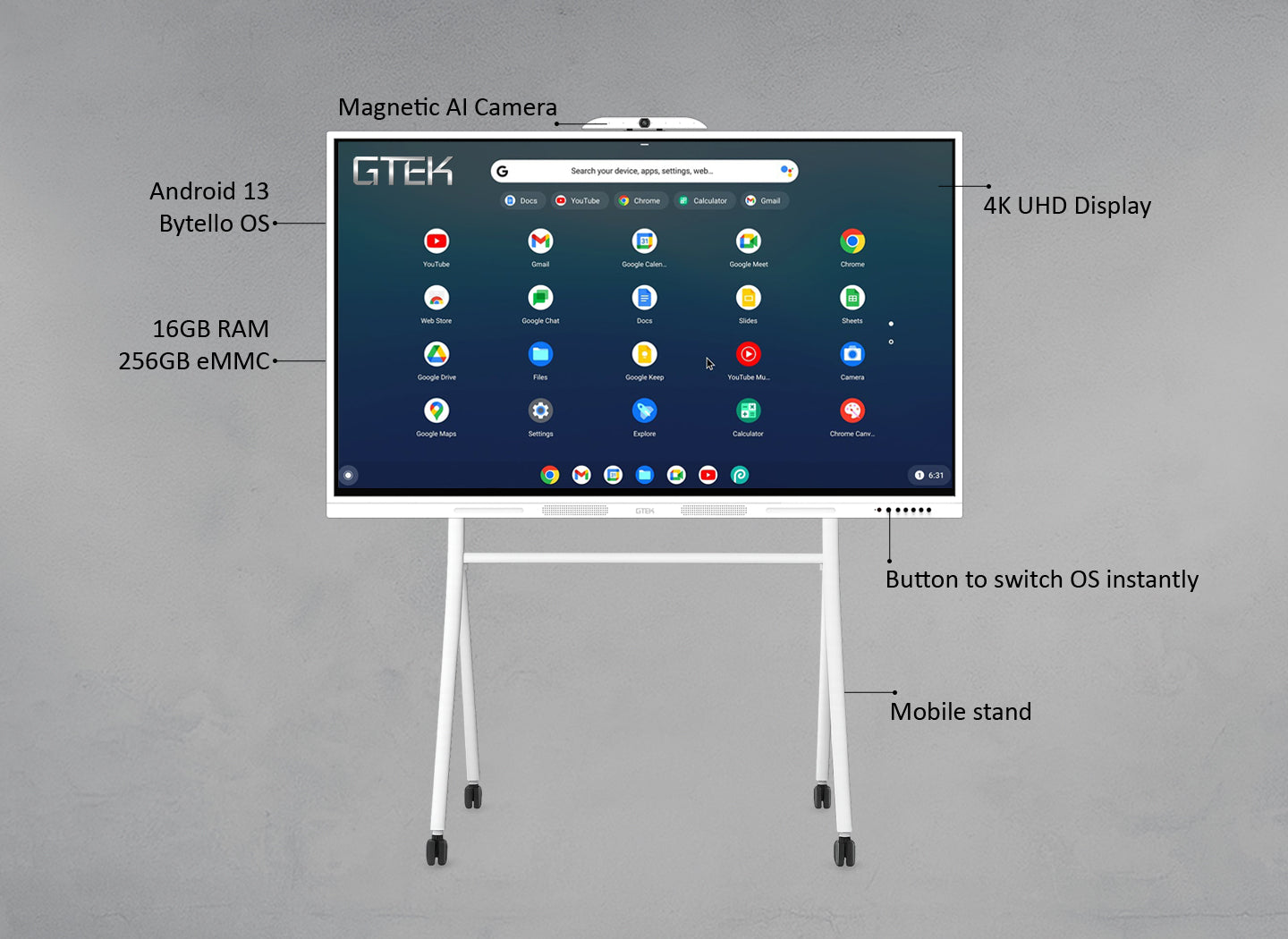 GTEK electronic display with Android 13 operating system on a gray background